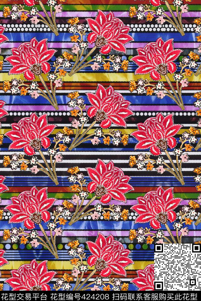 条纹民族花卉数码印花华亿平台下载（图片编号: 424208） - 瓦栏（Walan）