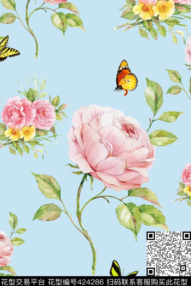 时尚休闲玫瑰花卉数码印花华亿平台下载（图片编号: 424286） - 瓦栏（Walan）