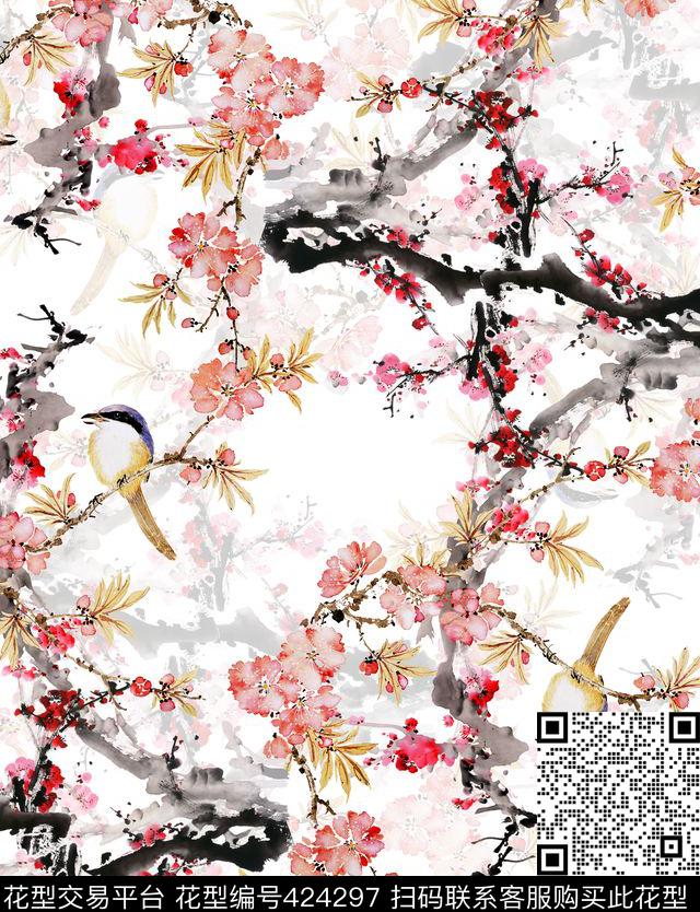 花卉鸟水墨数码印花华亿平台下载（图片编号: 424297） - 瓦栏（Walan）