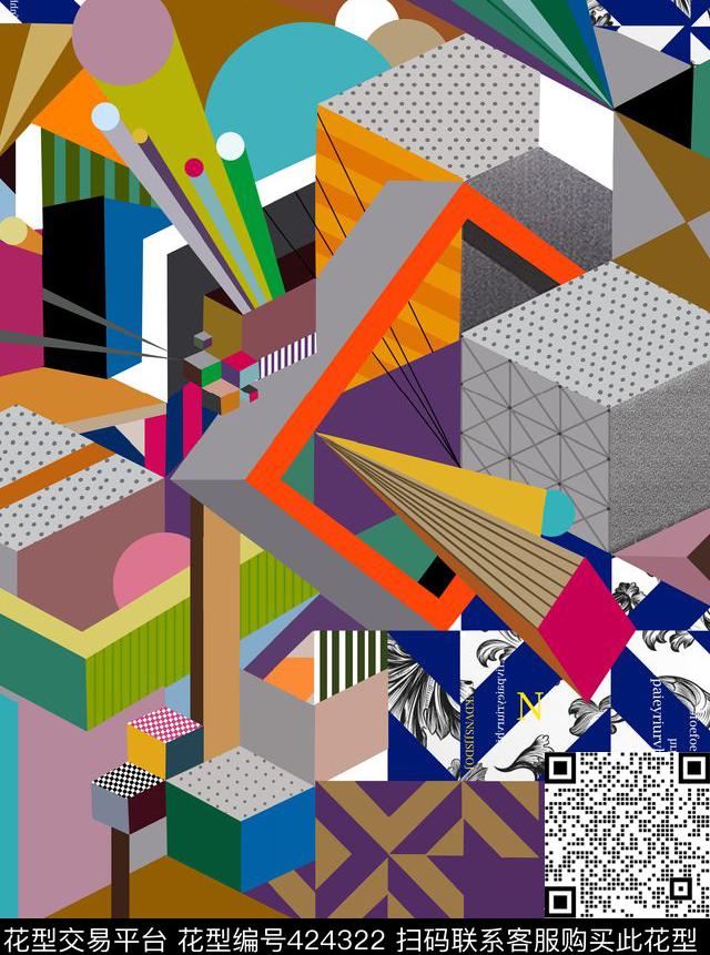 拼贴青年手绘数码印花华亿平台下载（图片编号: 424322） - 瓦栏（Walan）