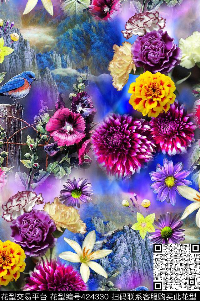 时尚优雅花卉山水鸟数码印花华亿平台下载（图片编号: 424330） - 瓦栏（Walan）
