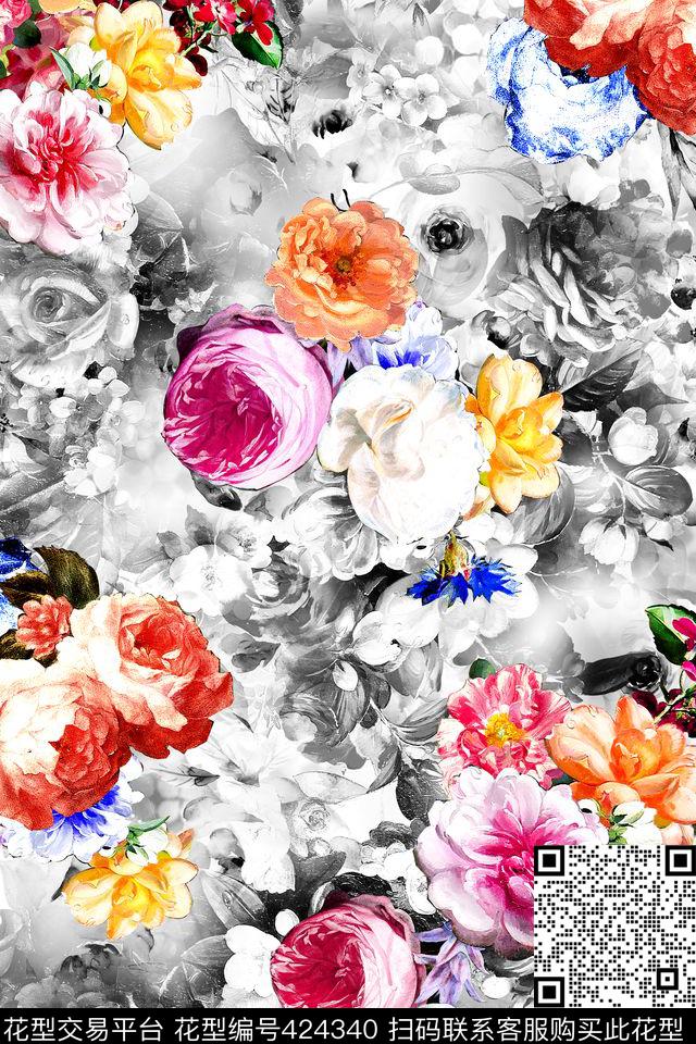 花卉时尚手绘数码印花华亿平台下载（图片编号: 424340） - 瓦栏（Walan）