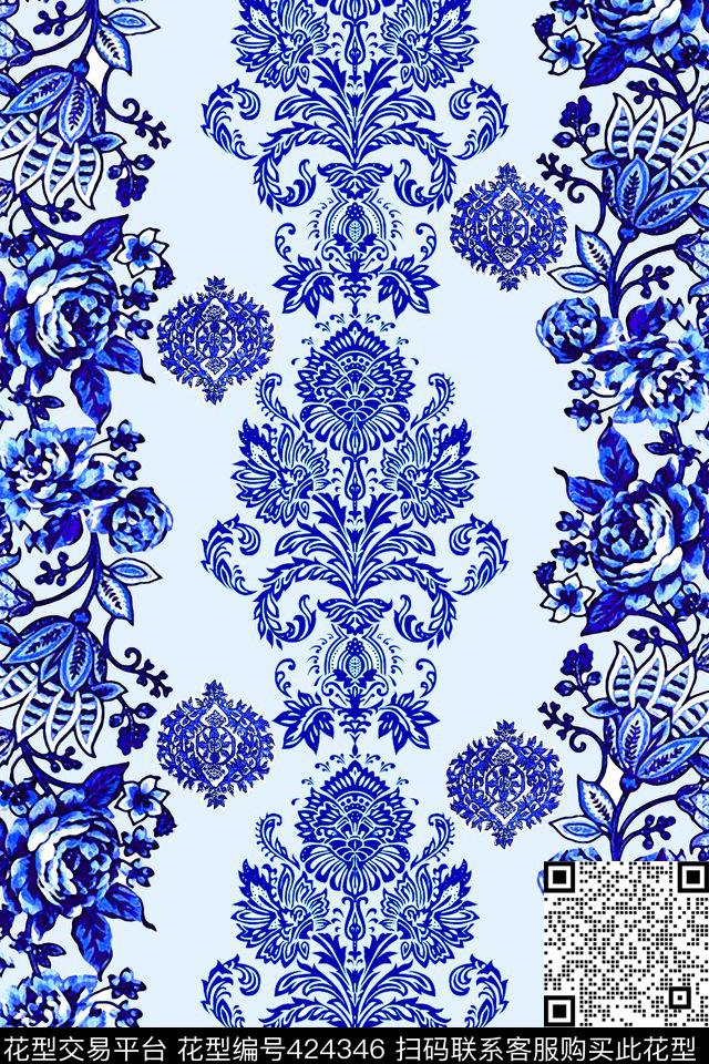 中国风青花瓷花卉数码印花华亿平台下载（图片编号: 424346） - 瓦栏（Walan）