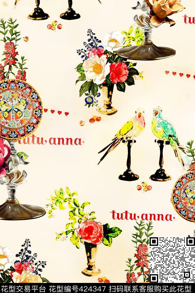 流行时尚壁画鹦鹉数码印花华亿平台下载（图片编号: 424347） - 瓦栏（Walan）