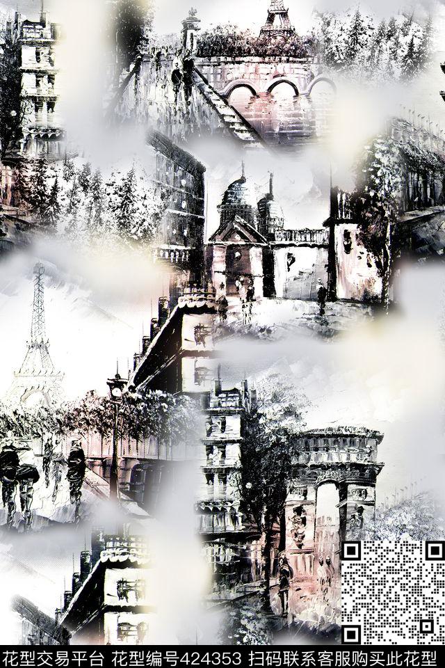 休闲巴黎风情建筑数码印花华亿平台下载（图片编号: 424353） - 瓦栏（Walan）