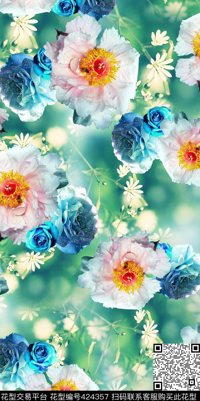 清爽玫瑰朦胧数码印花华亿平台下载（图片编号: 424357） - 瓦栏（Walan）