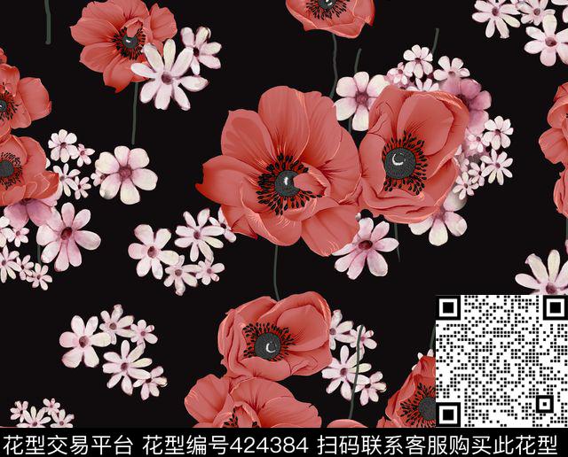 花卉流行时尚时尚手绘数码印花华亿平台下载（图片编号: 424384） - 瓦栏（Walan）