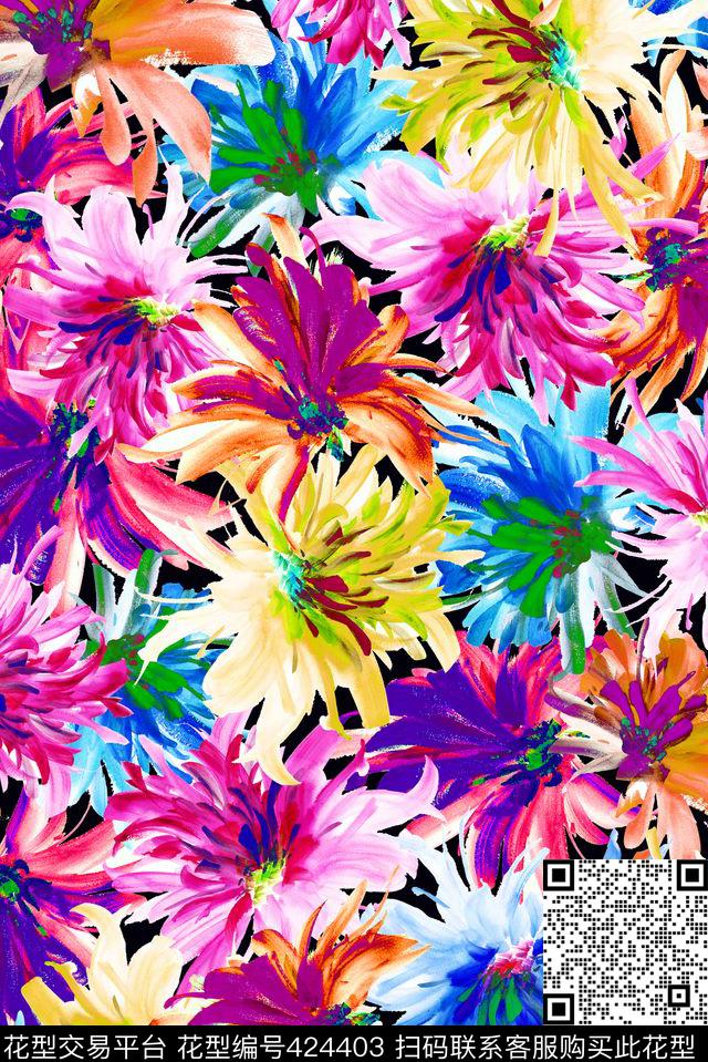 专色底手绘抽象花卉组花卉数码印花华亿平台下载（图片编号: 424403） - 瓦栏（Walan）