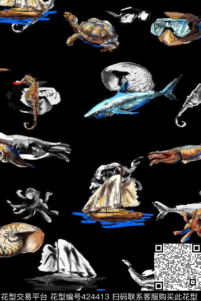 数码趣味手绘海洋生物海洋动物流行时尚花等数码印花华亿平台下载（图片编号: 424413） - 瓦栏（Walan）
