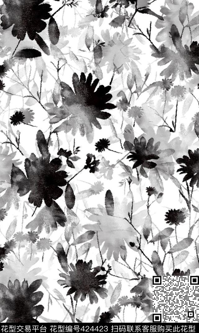 黑白水墨花卉传统印花华亿平台下载（图片编号: 424423） - 瓦栏（Walan）