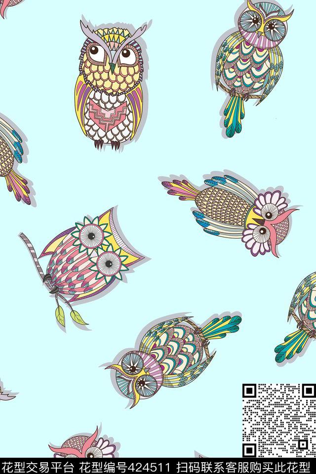 卡通猫头鹰素色底传统印花华亿平台下载（图片编号: 424511） - 瓦栏（Walan）