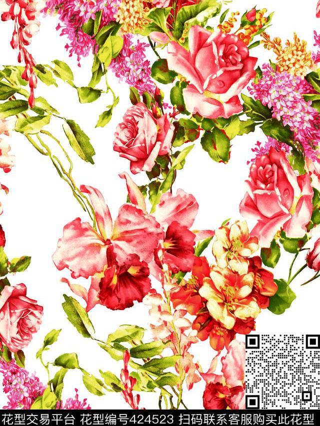 花卉玫瑰花田园风花卉传统印花华亿平台下载（图片编号: 424523） - 瓦栏（Walan）