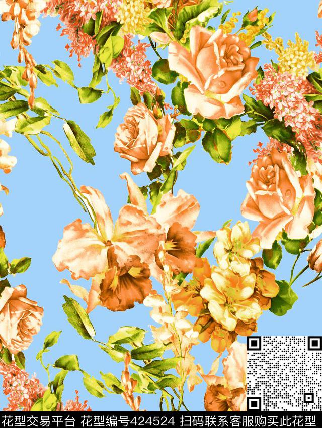 田园风花卉玫瑰花花卉传统印花华亿平台下载（图片编号: 424524） - 瓦栏（Walan）