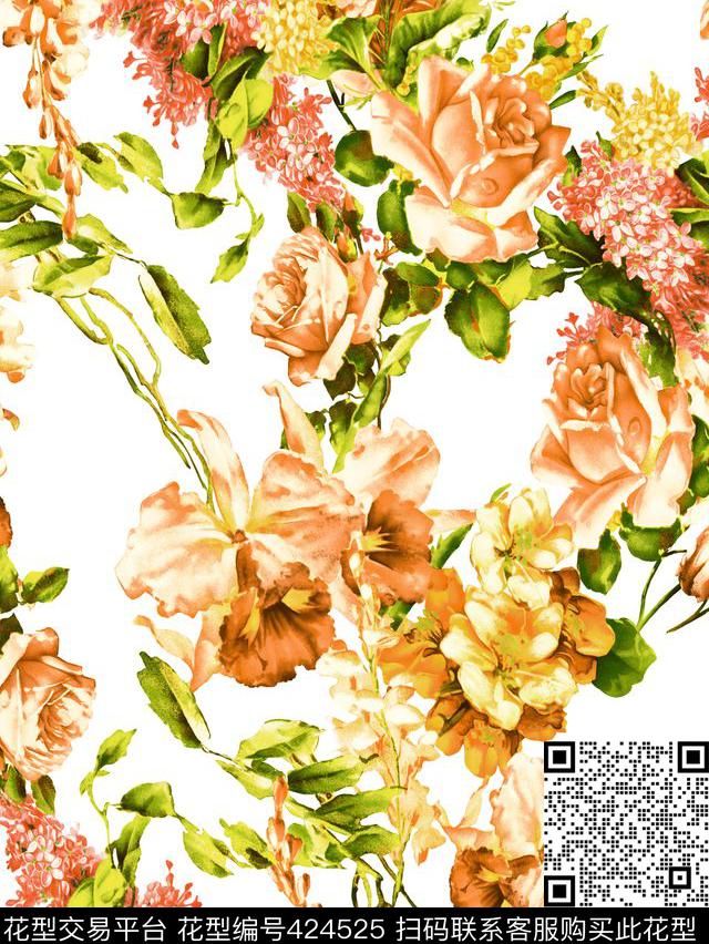 田园风花卉玫瑰花花卉传统印花华亿平台下载（图片编号: 424525） - 瓦栏（Walan）