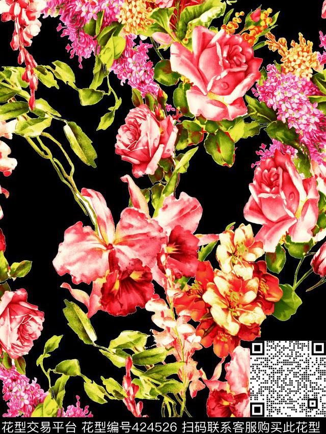 田园风花卉玫瑰花花卉传统印花华亿平台下载（图片编号: 424526） - 瓦栏（Walan）