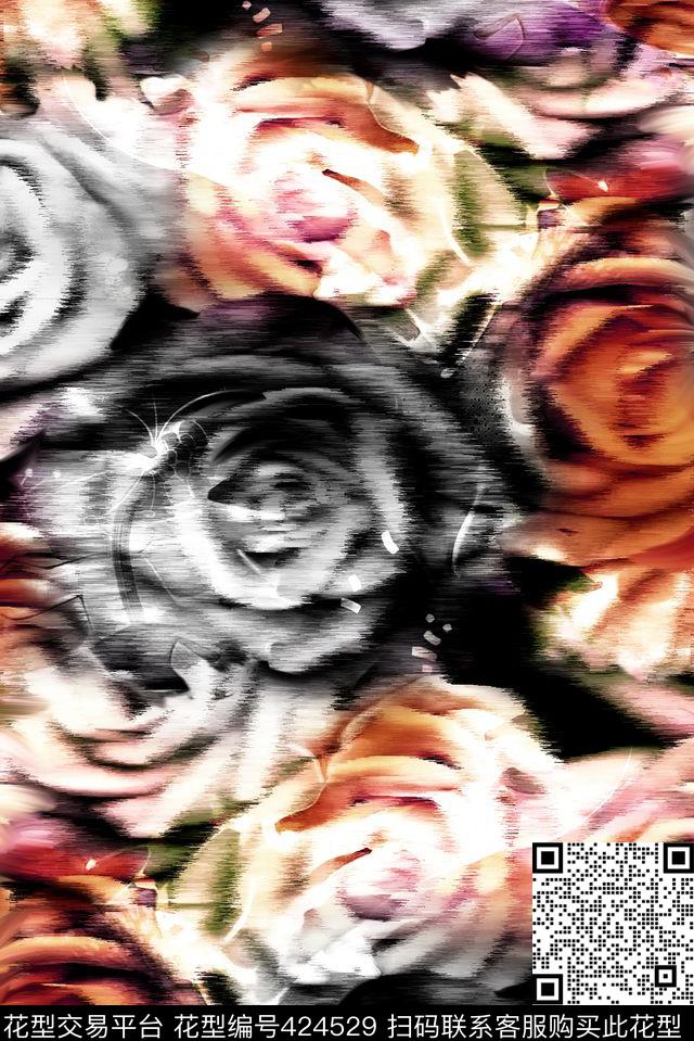数码高端抽象写意花卉男装女装抽象花卉流行时尚花等数码印花华亿平台下载（图片编号: 424529） - 瓦栏（Walan）