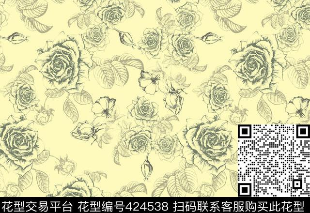 黄底描花黑花传统印花华亿平台下载（图片编号: 424538） - 瓦栏（Walan）