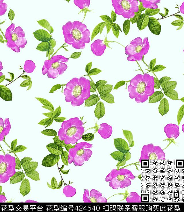 红花花卉蓝底数码印花华亿平台下载（图片编号: 424540） - 瓦栏（Walan）
