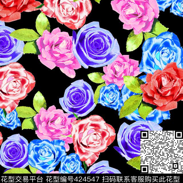 玫瑰上下左右循环花朵数码印花华亿平台下载（图片编号: 424547） - 瓦栏（Walan）