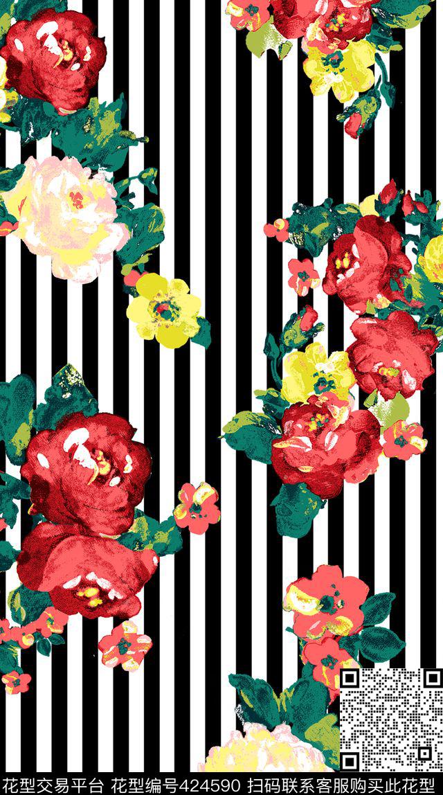 田园风花卉条纹花卉传统印花华亿平台下载（图片编号: 424590） - 瓦栏（Walan）