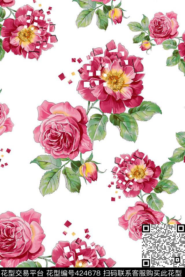 时尚休闲花卉玫瑰数码印花华亿平台下载（图片编号: 424678） - 瓦栏（Walan）