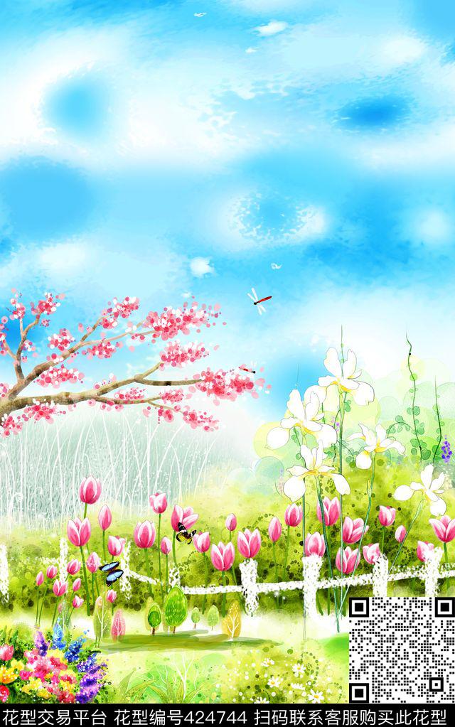 蝴蝶花卉花园数码印花华亿平台下载（图片编号: 424744） - 瓦栏（Walan）