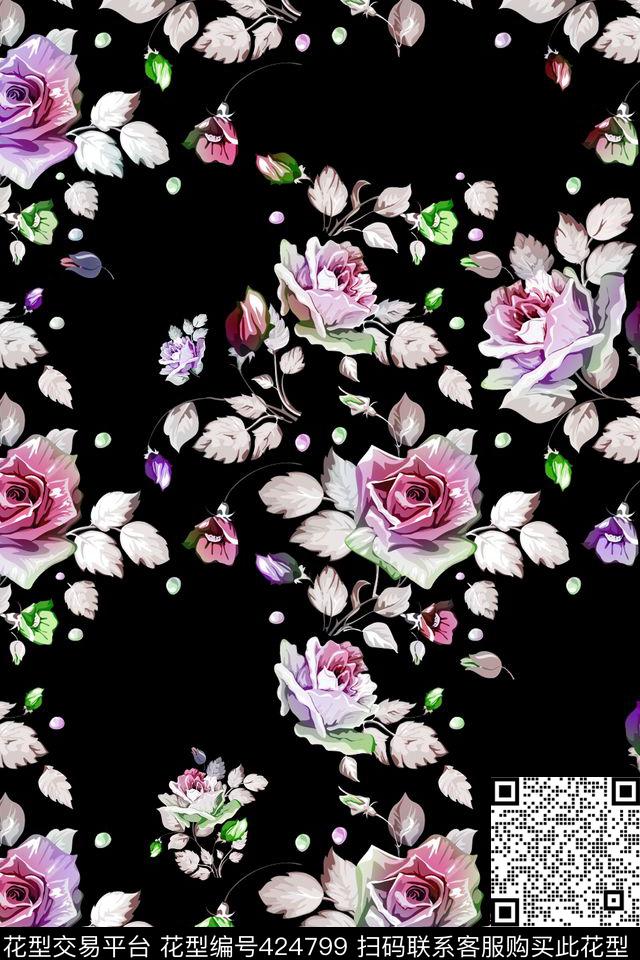彩色花苞花卉数码印花华亿平台下载（图片编号: 424799） - 瓦栏（Walan）