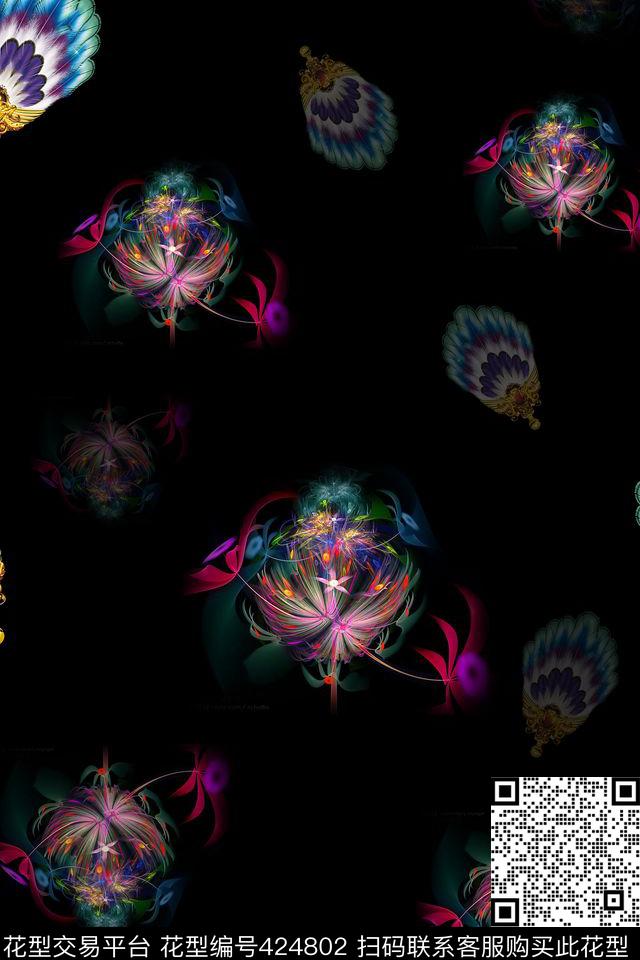 梦幻五彩花五彩羽扇数码印花华亿平台下载（图片编号: 424802） - 瓦栏（Walan）