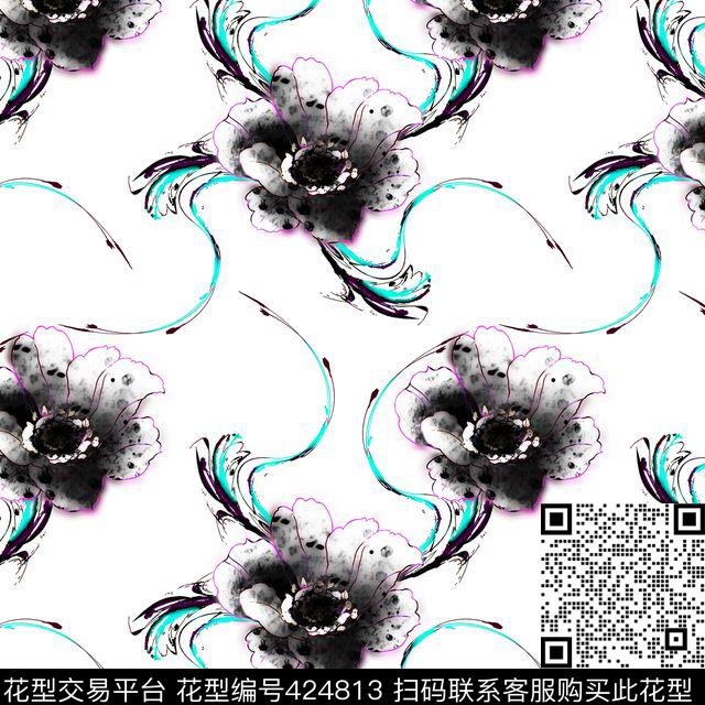 抽象花卉线条传统印花华亿平台下载（图片编号: 424813） - 瓦栏（Walan）