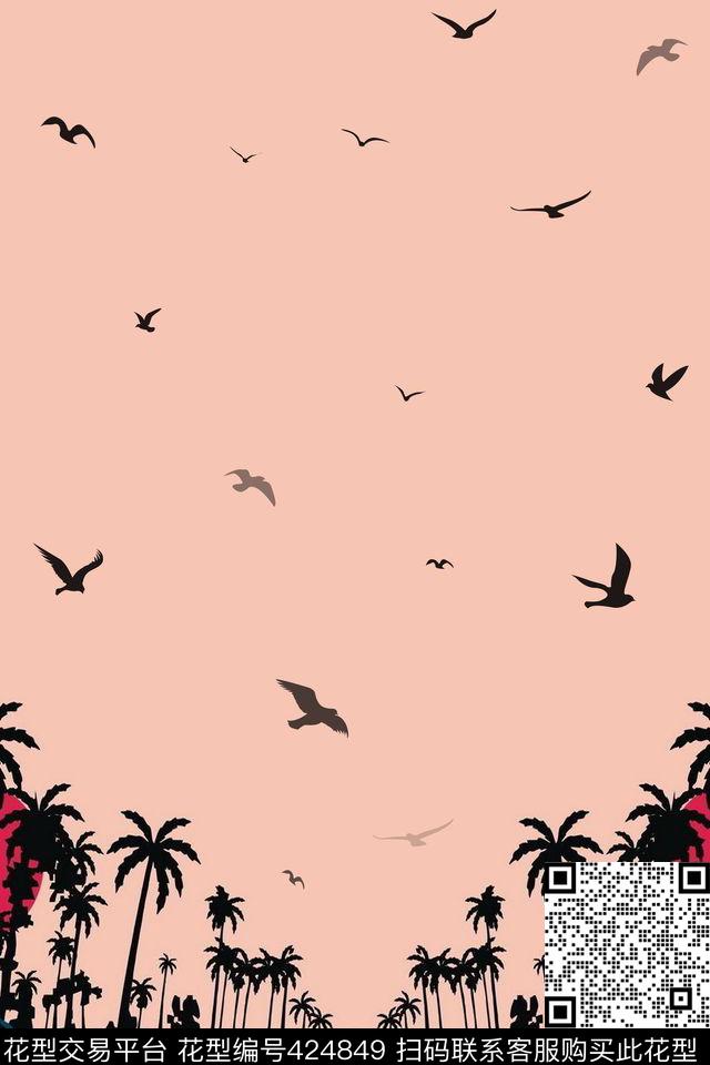海鸥落日热带风情传统印花华亿平台下载（图片编号: 424849） - 瓦栏（Walan）