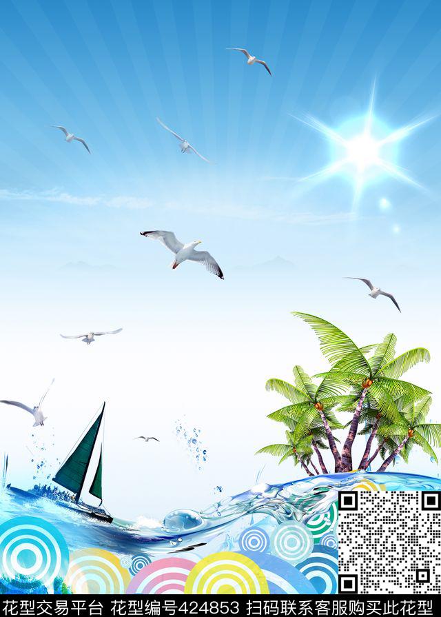 帆船海浪海鸥数码印花华亿平台下载（图片编号: 424853） - 瓦栏（Walan）