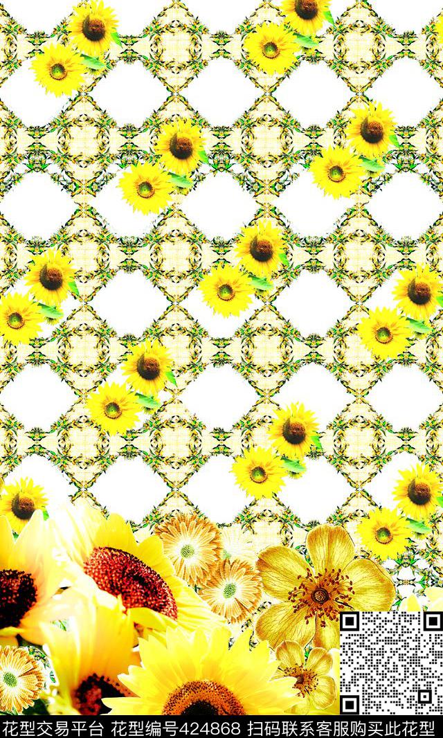 时尚大牌格子向日葵数码印花华亿平台下载（图片编号: 424868） - 瓦栏（Walan）