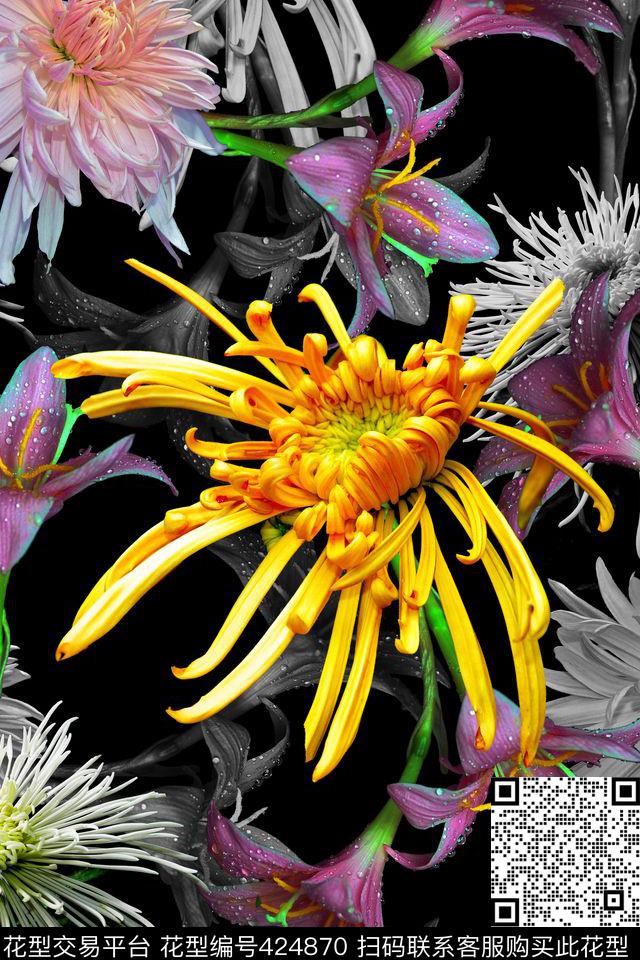 花卉组合菊花、百合、黑底数码印花华亿平台下载（图片编号: 424870） - 瓦栏（Walan）