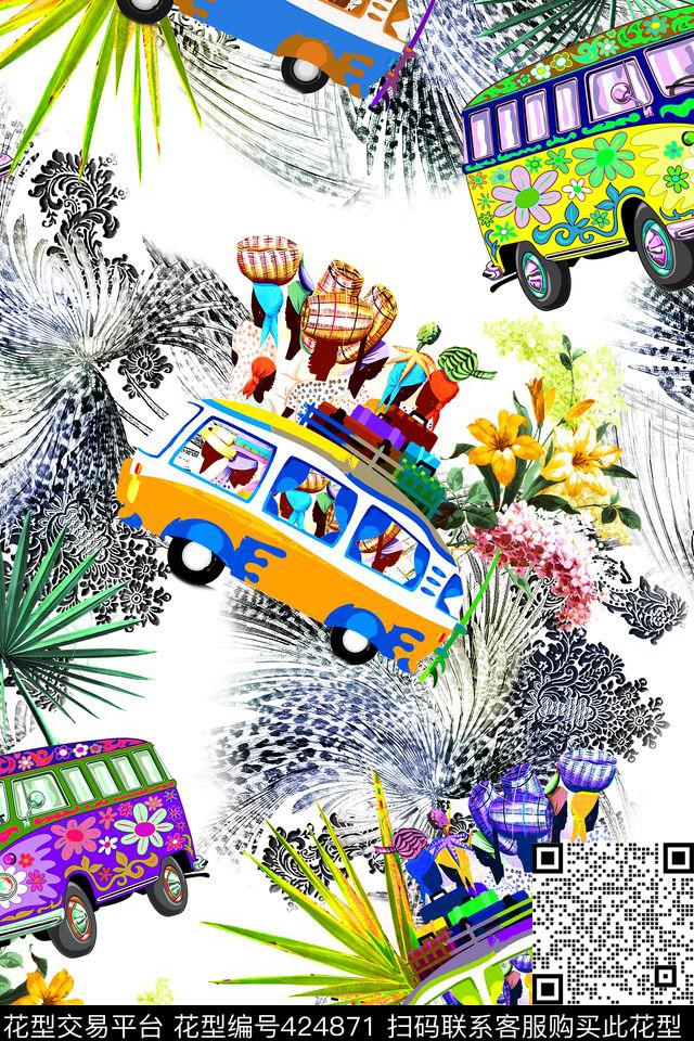 时尚卡通小汽车数码印花华亿平台下载（图片编号: 424871） - 瓦栏（Walan）