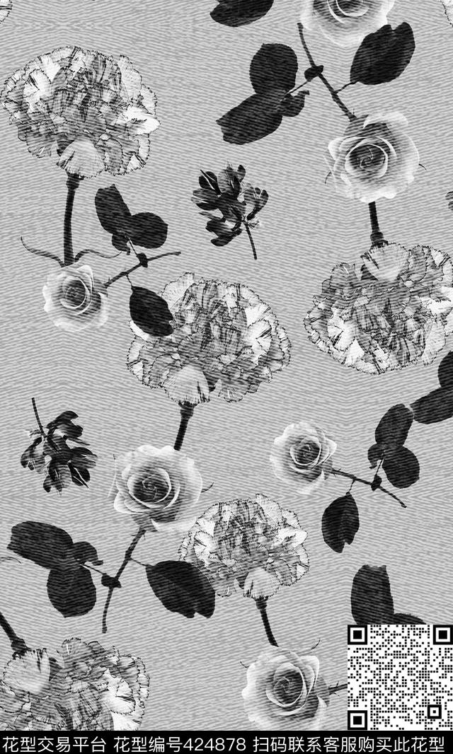 布纹叠加效果花卉组合布纹叠加、玫瑰、康乃馨简洁黑白数码印花华亿平台下载（图片编号: 424878） - 瓦栏（Walan）