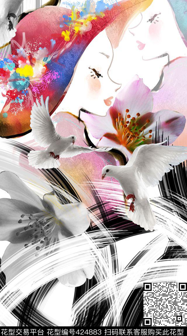 人物笔刷定位手绘、笔刷、人物大气裁片定位数码印花华亿平台下载（图片编号: 424883） - 瓦栏（Walan）