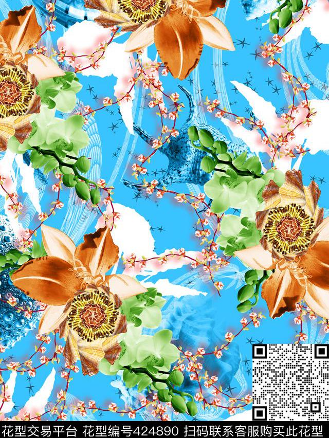 花抽象热带数码印花华亿平台下载（图片编号: 424890） - 瓦栏（Walan）