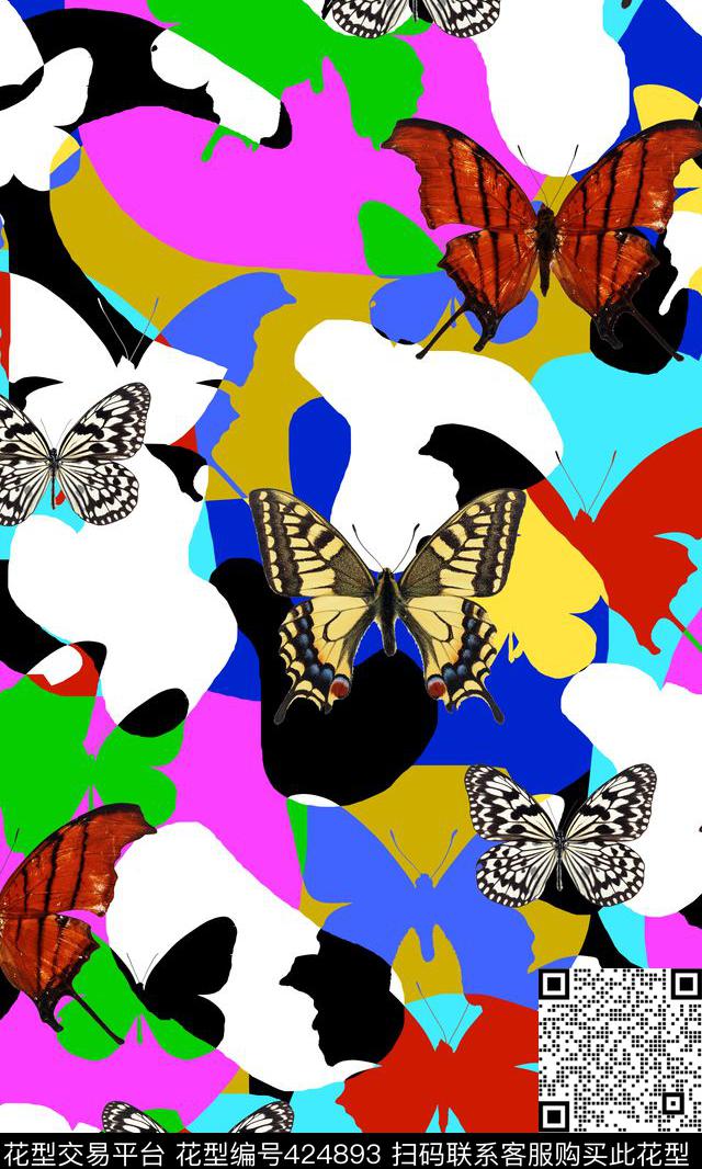 趣味组合色块、蝴蝶、少女数码印花华亿平台下载（图片编号: 424893） - 瓦栏（Walan）