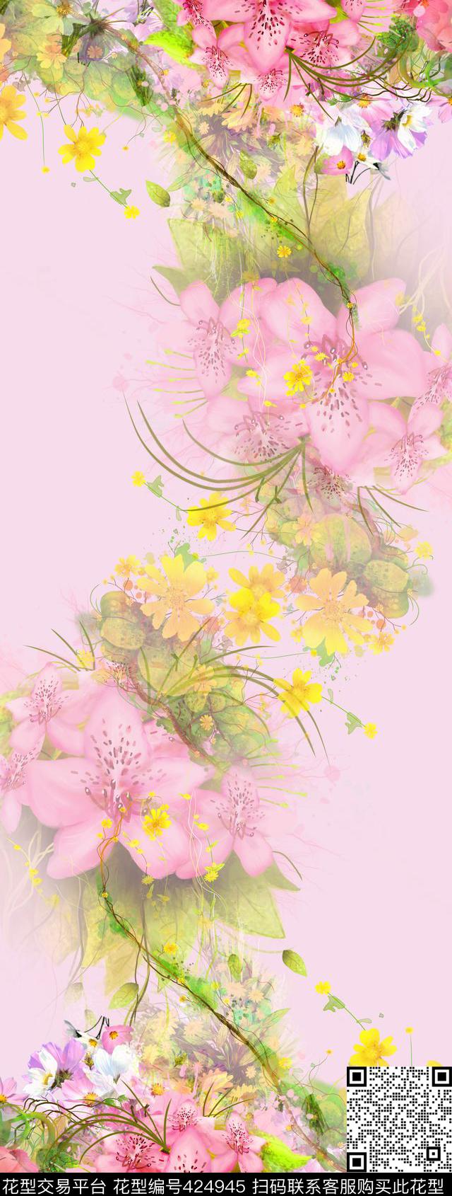 唯美花卉丝巾数码印花华亿平台下载（图片编号: 424945） - 瓦栏（Walan）