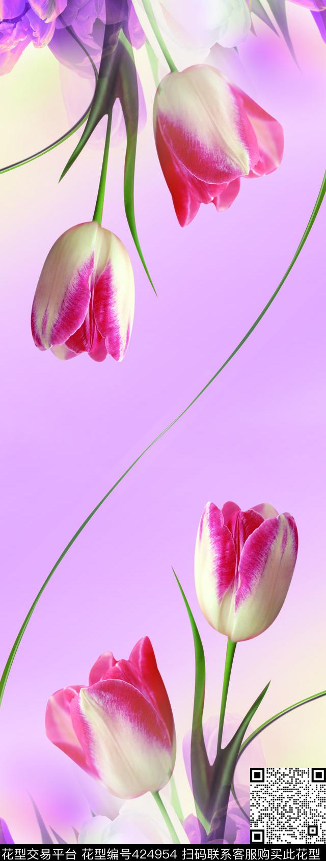 唯美郁金香丝巾长巾数码印花华亿平台下载（图片编号: 424954） - 瓦栏（Walan）