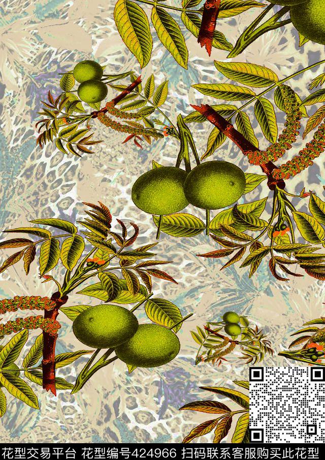 豹纹热带植物写意数码印花华亿平台下载（图片编号: 424966） - 瓦栏（Walan）