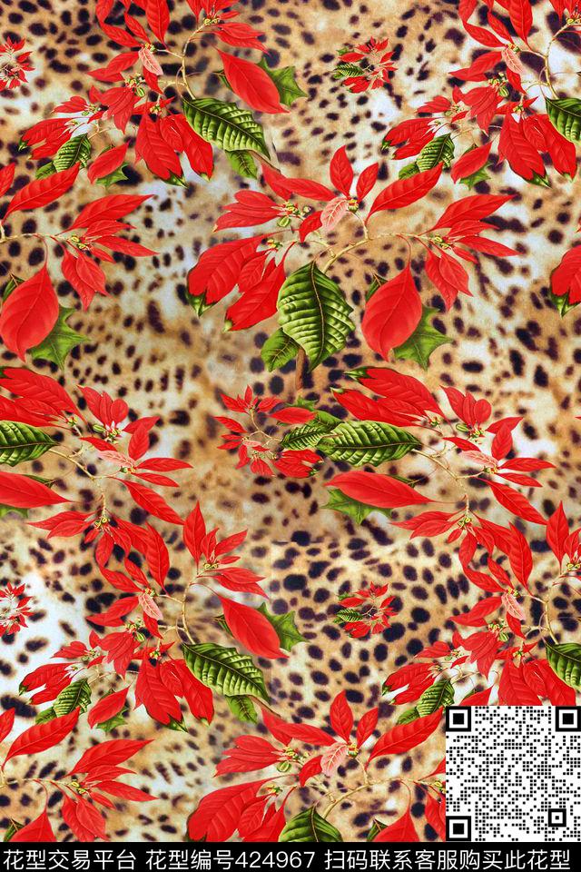 豹纹热带花写意数码印花华亿平台下载（图片编号: 424967） - 瓦栏（Walan）