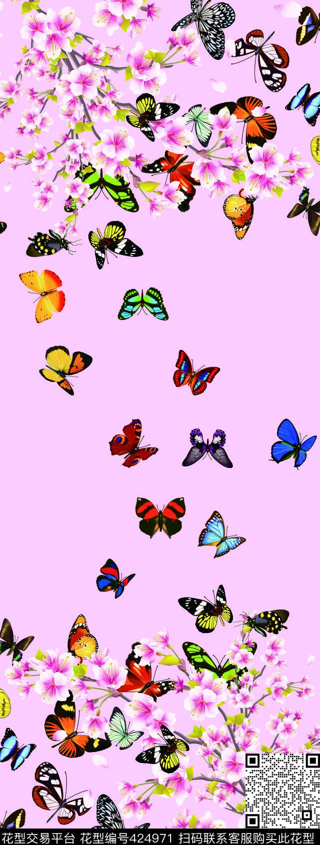 春天桃花蝴蝶丝巾长巾数码印花华亿平台下载（图片编号: 424971） - 瓦栏（Walan）