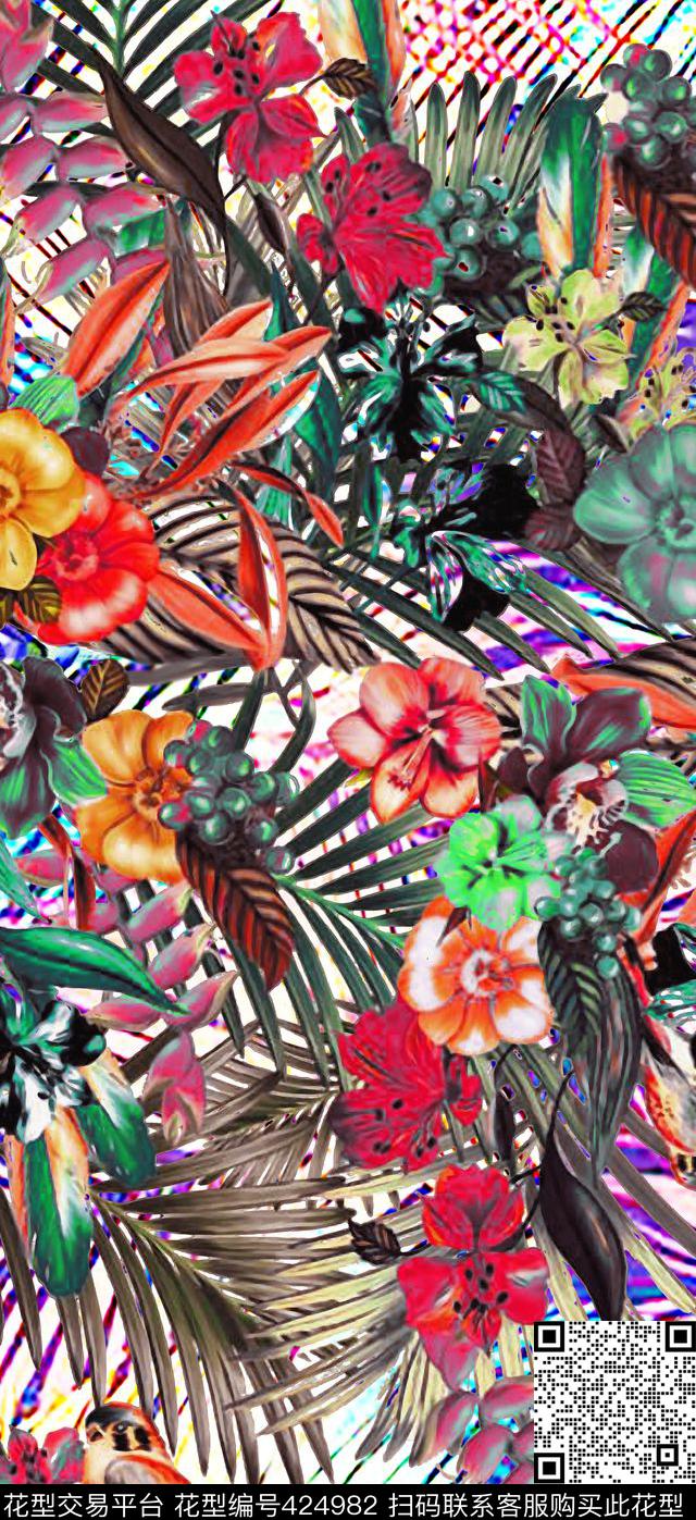 复古花鸟热带风情数码印花华亿平台下载（图片编号: 424982） - 瓦栏（Walan）