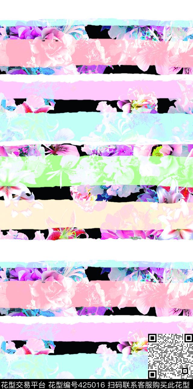 花卉条纹滤色花优雅清新数码印花华亿平台下载（图片编号: 425016） - 瓦栏（Walan）