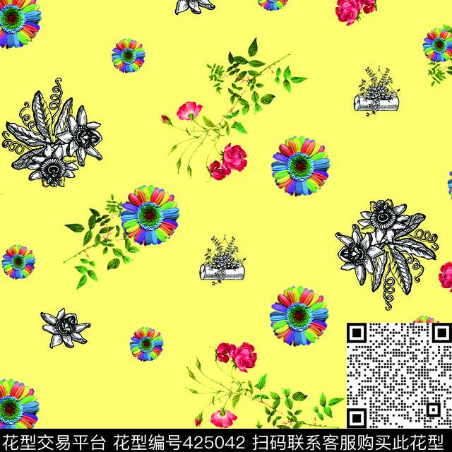 春夏风格七彩小菊花适量简笔画数码印花华亿平台下载（图片编号: 425042） - 瓦栏（Walan）