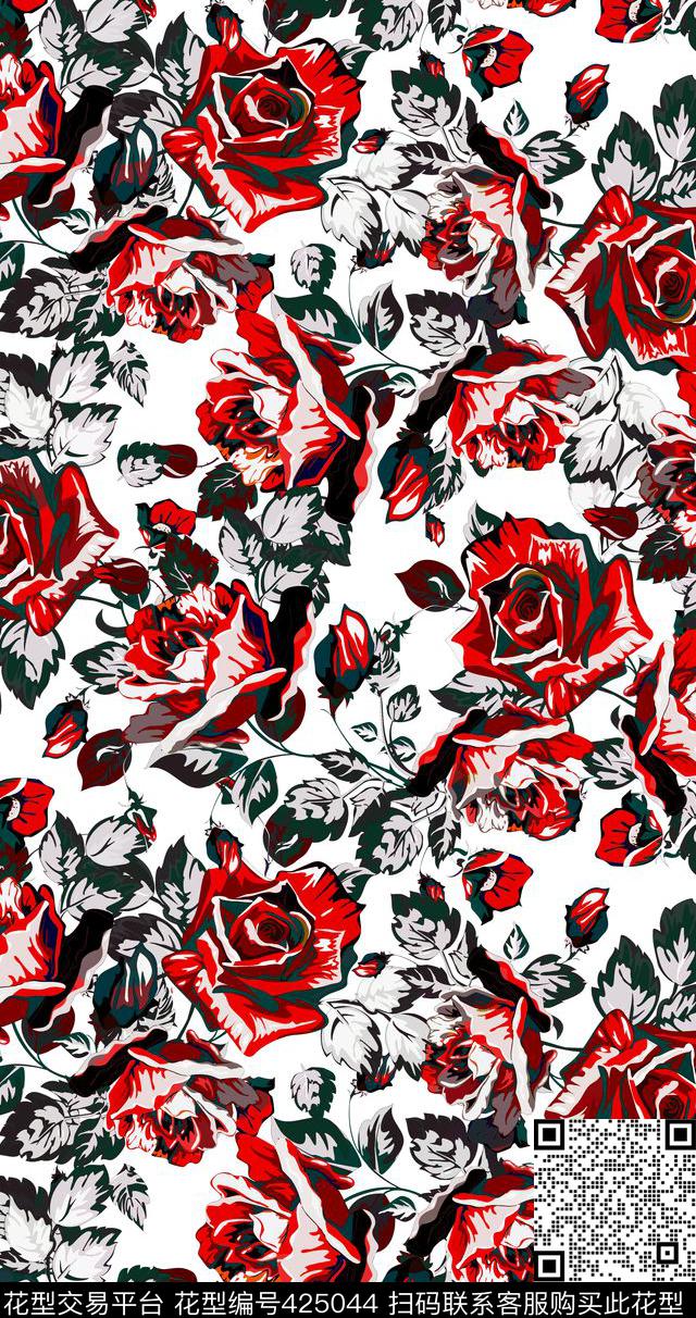 L.D~手绘L.D~花卉玫瑰花传统印花华亿平台下载（图片编号: 425044） - 瓦栏（Walan）