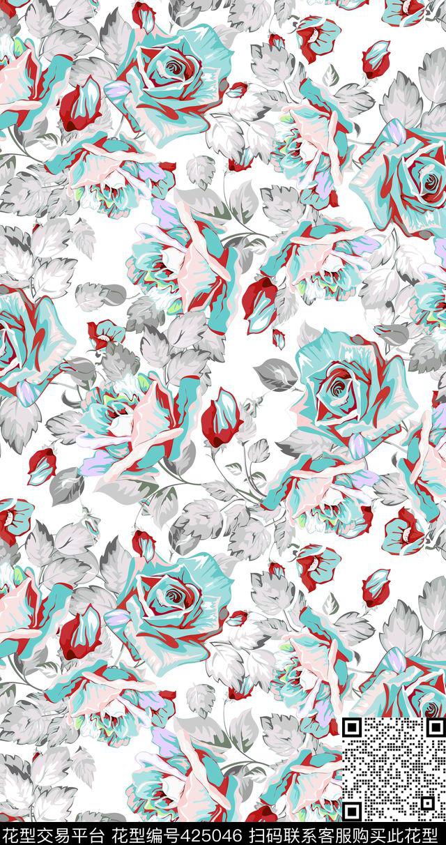 L.D~手绘L.D~花卉玫瑰花传统印花华亿平台下载（图片编号: 425046） - 瓦栏（Walan）