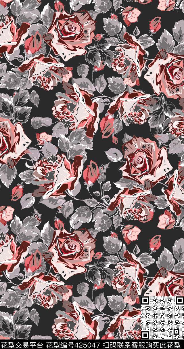 L.D~手绘L.D~花卉玫瑰花传统印花华亿平台下载（图片编号: 425047） - 瓦栏（Walan）