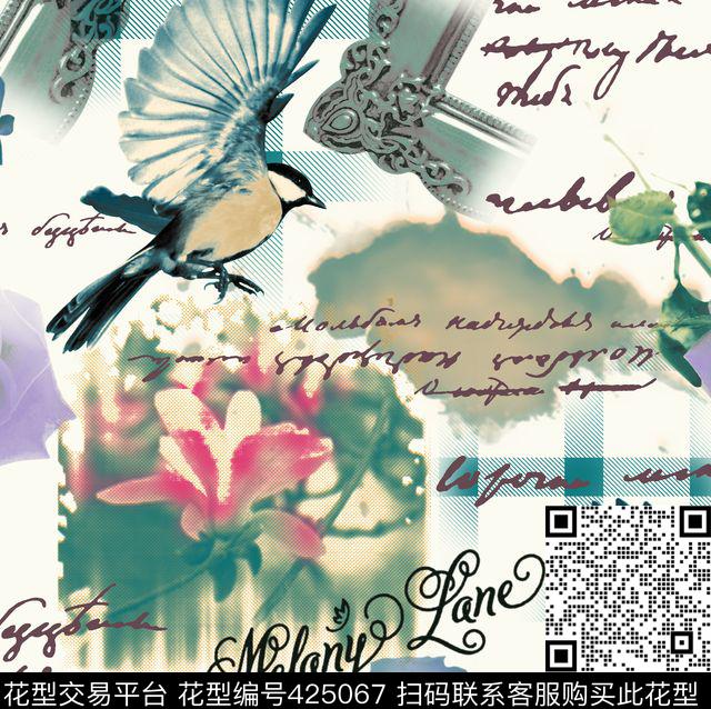 格子画框玫瑰花数码印花华亿平台下载（图片编号: 425067） - 瓦栏（Walan）